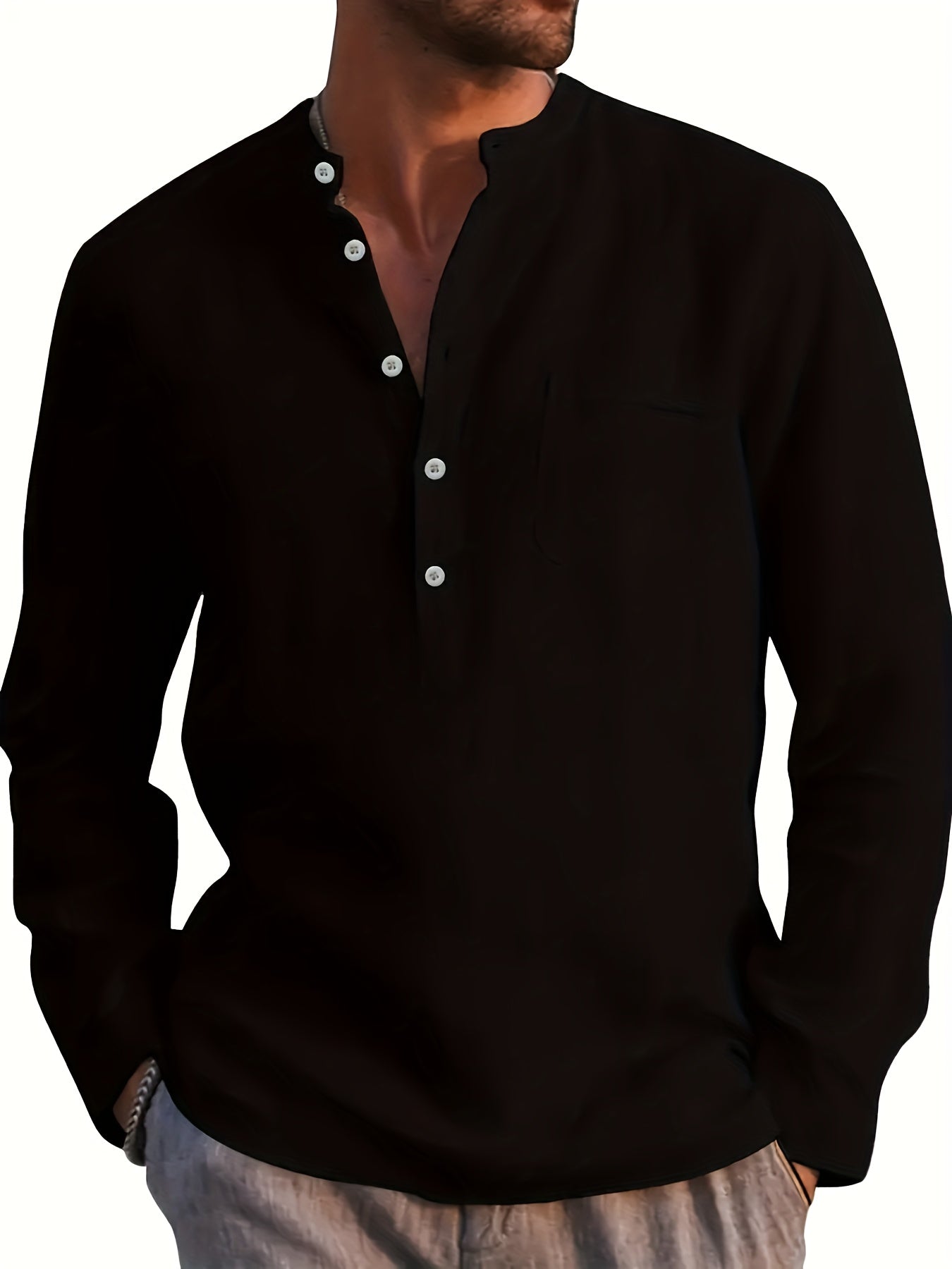Plus Size Men'S Solid Shirt, Casual Breathable Half Button Cotton Blend Stand Collar Long Sleeve Shirt For Outdoor Activities, Men'S Clothing