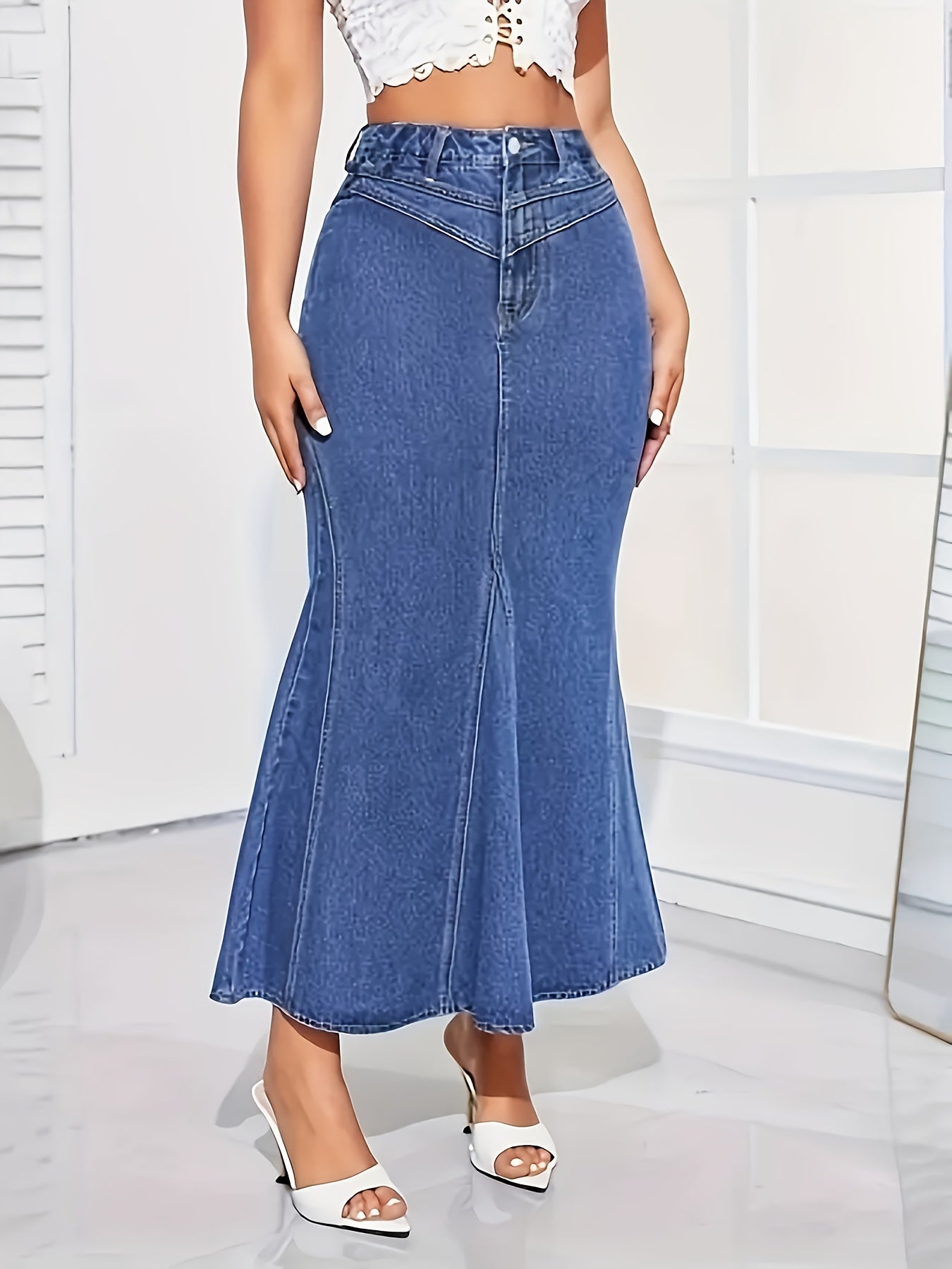 Women'S Light Blue Washed High-Waisted Stretchy Slim-Fit Mermaid/Fishtail Skirt - Elastic Waist Casual to Semi-Formal Skirt for Spring Summer Fall, Versatile Everyday & Special Occasion Outfits, Durable Comfortable Washable Fabric, Seasonal Wardrobe, Slim