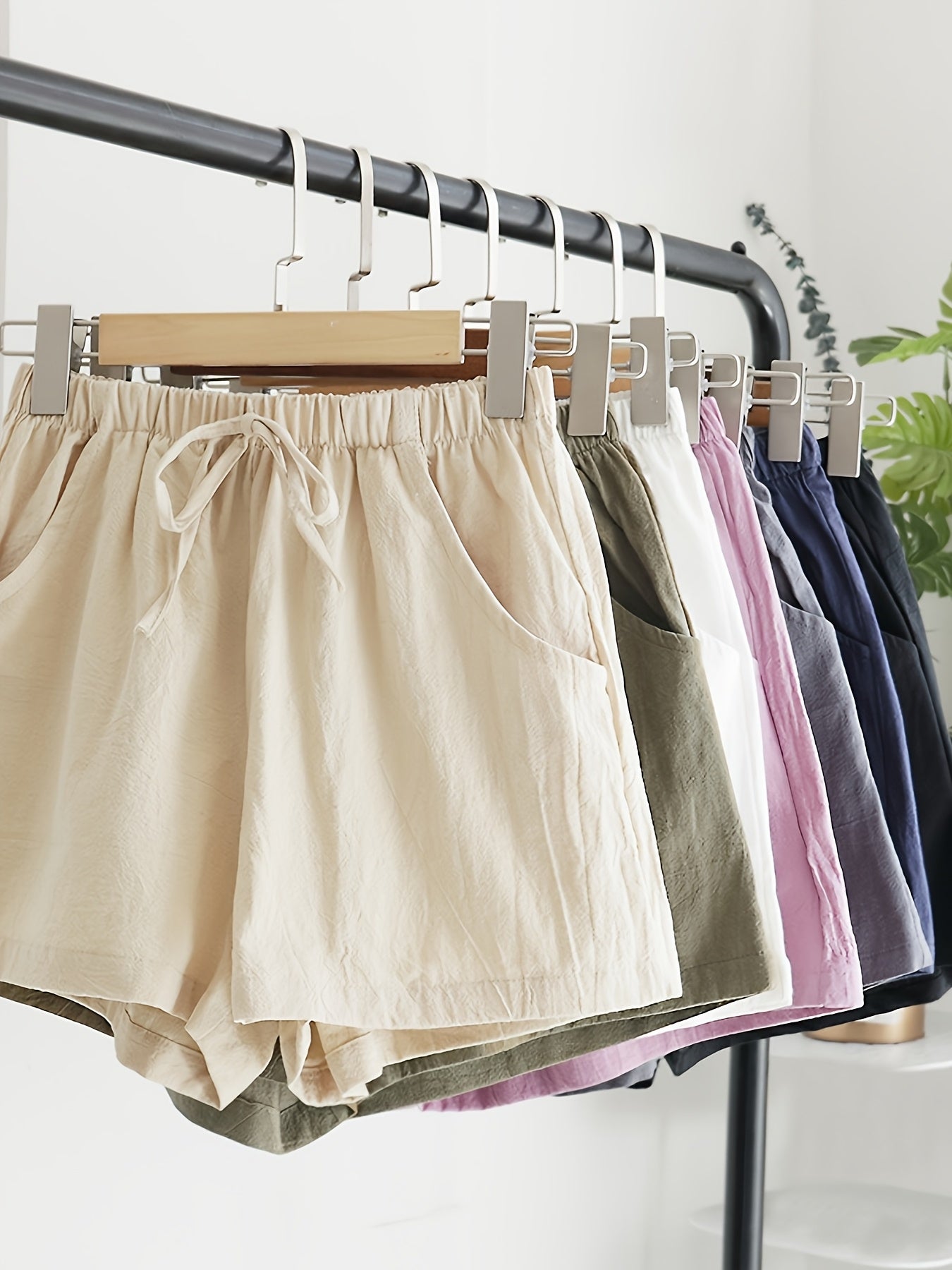 7pcs Set Summer Women's High-Waisted - Shorts-Casual, Loose-Fitting Drawstring Wide-Leg Beach Shorts with Thin Elastic Waistband and Pockets-Versatile Bottoms