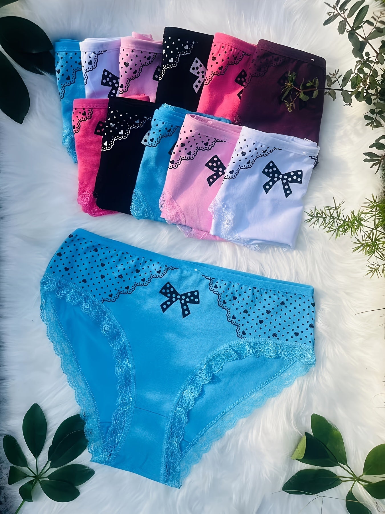 12pcs Elegant Contrast Lace Briefs | Plus Size with Bow and Heart Print, Comfortable & Breathable Stretchy Women'S Lingerie & Underwear