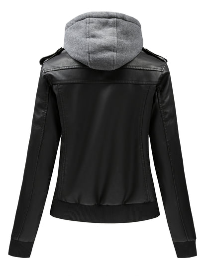 Women'S Faux Leather Jacket Hooded Autumn And Winter Faux Leather Jacket Women'S Faux Leather Jacket