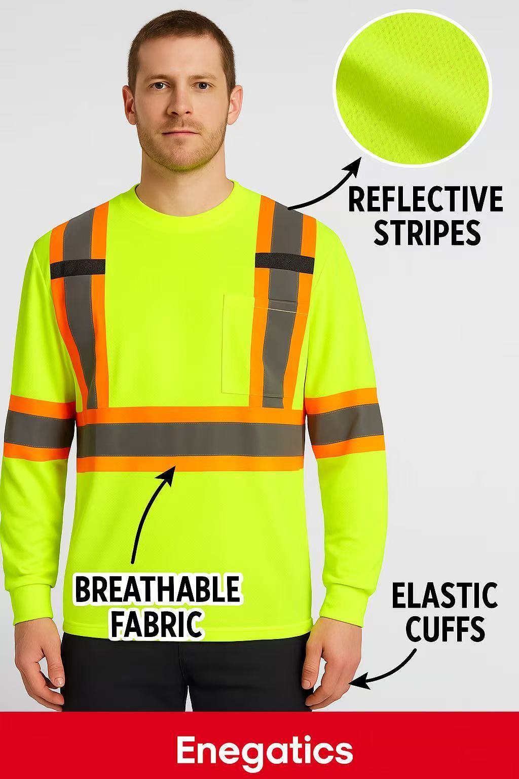 3-Pack Hi-Vis Safety Long Sleeve Shirts with Reflective Stripes, Neon Yellow Workwear