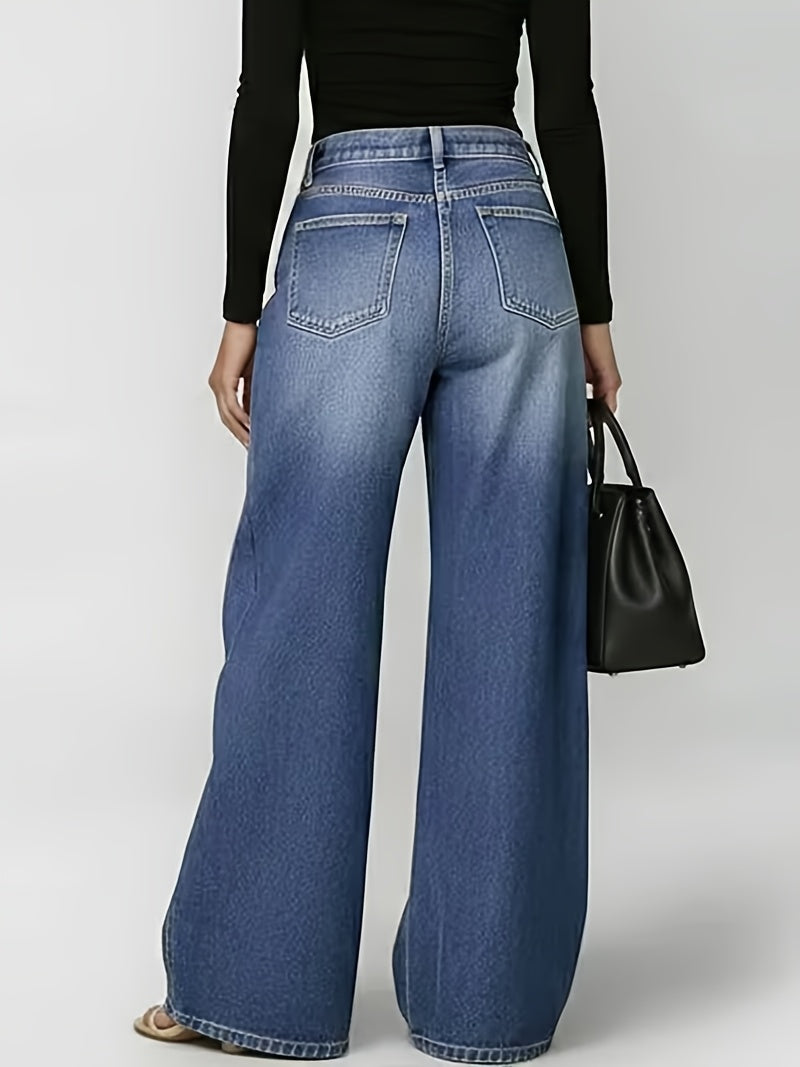 [Retro Denim Jeans] New Retro Style Denim Jeans for Women, With Metal Eyelets Designed for Casual And Loose Fit, High Waisted And Wide Leg Jeans, Street Cool Women's Clothing, Black Retro Blue Light Blue Women's Straight Leg Denim Pants
