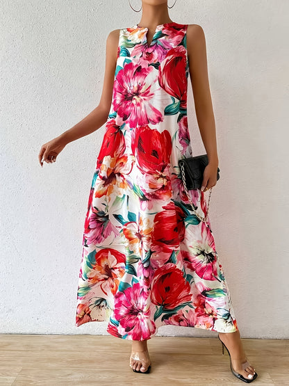 Casual And Fashionable Floral Print Round Neck Dress, Casual Sleeveless Dress with Pockets, Suitable for Casual Vacation Spring And Summer Women's Clothing