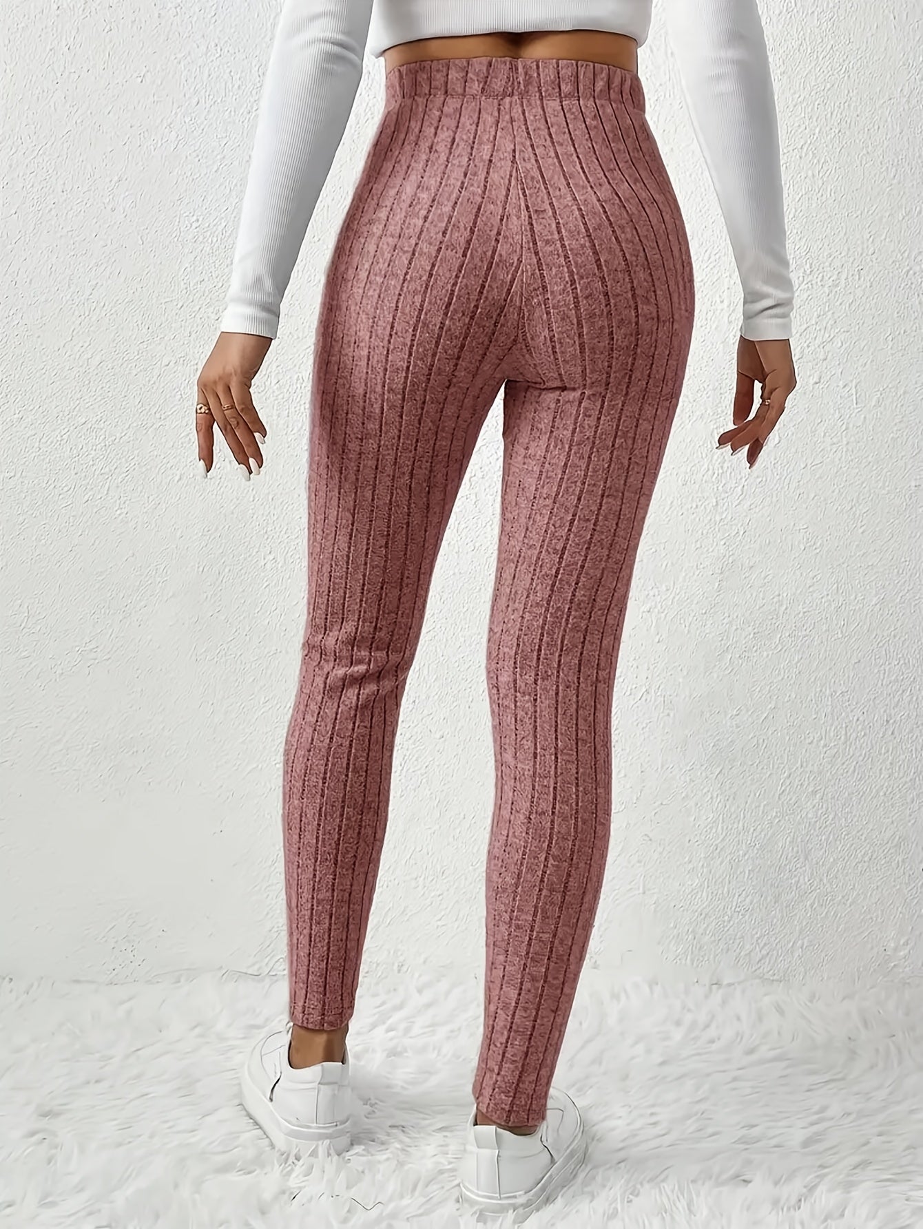 Women'S High - Waist Ribbed Leggings - Stretchy Slim Fit, Drawstring Detail, Casual Solid Color Pants for All Seasons