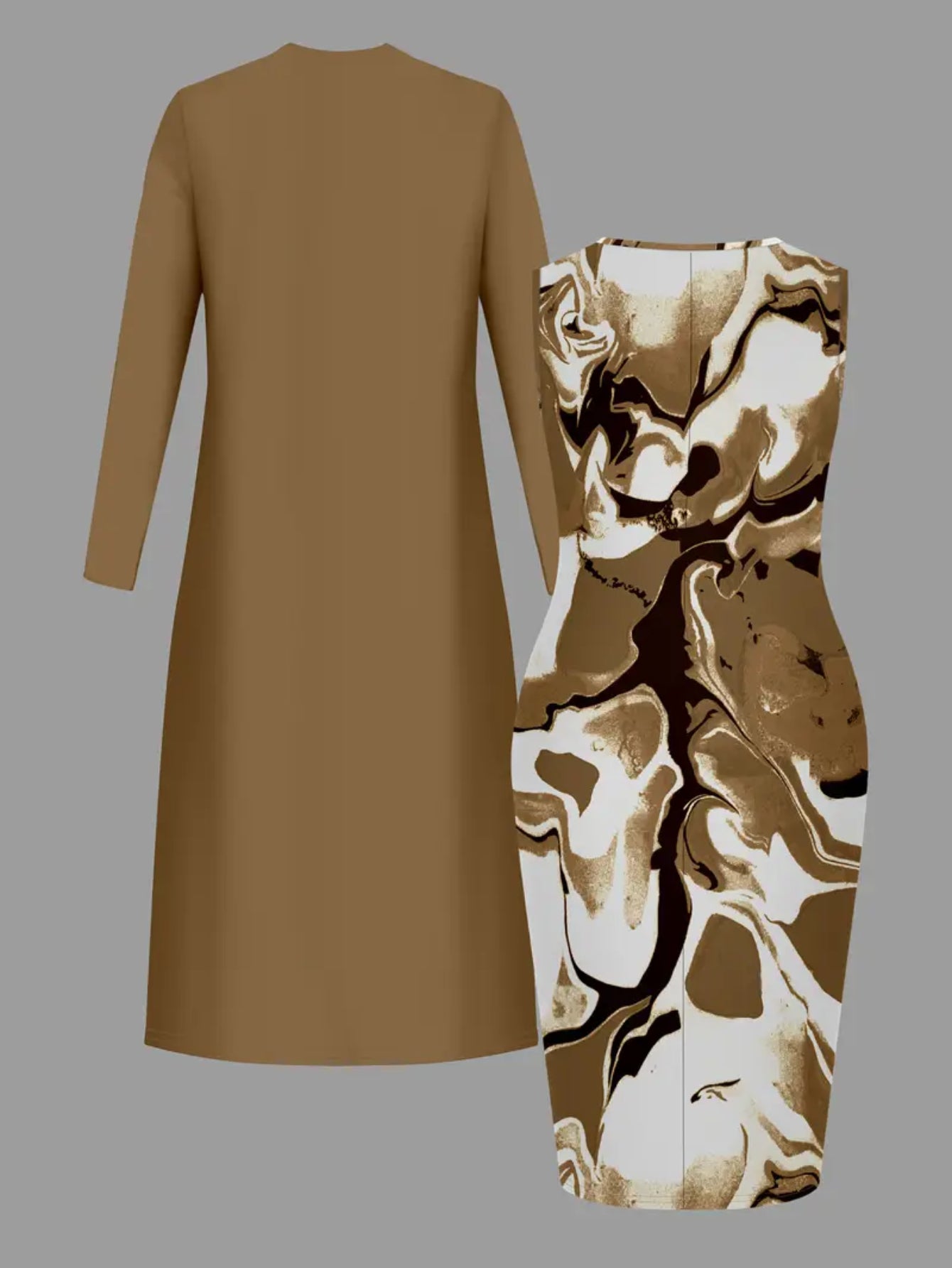 Two-Piece Set: Long Khaki Cardigan + Gold-Brown Marble Patterned Pencil Skirt for Women | Fashionable And Professional Design, Suitable for The Workplace, Daily Outings, And Other Occasions