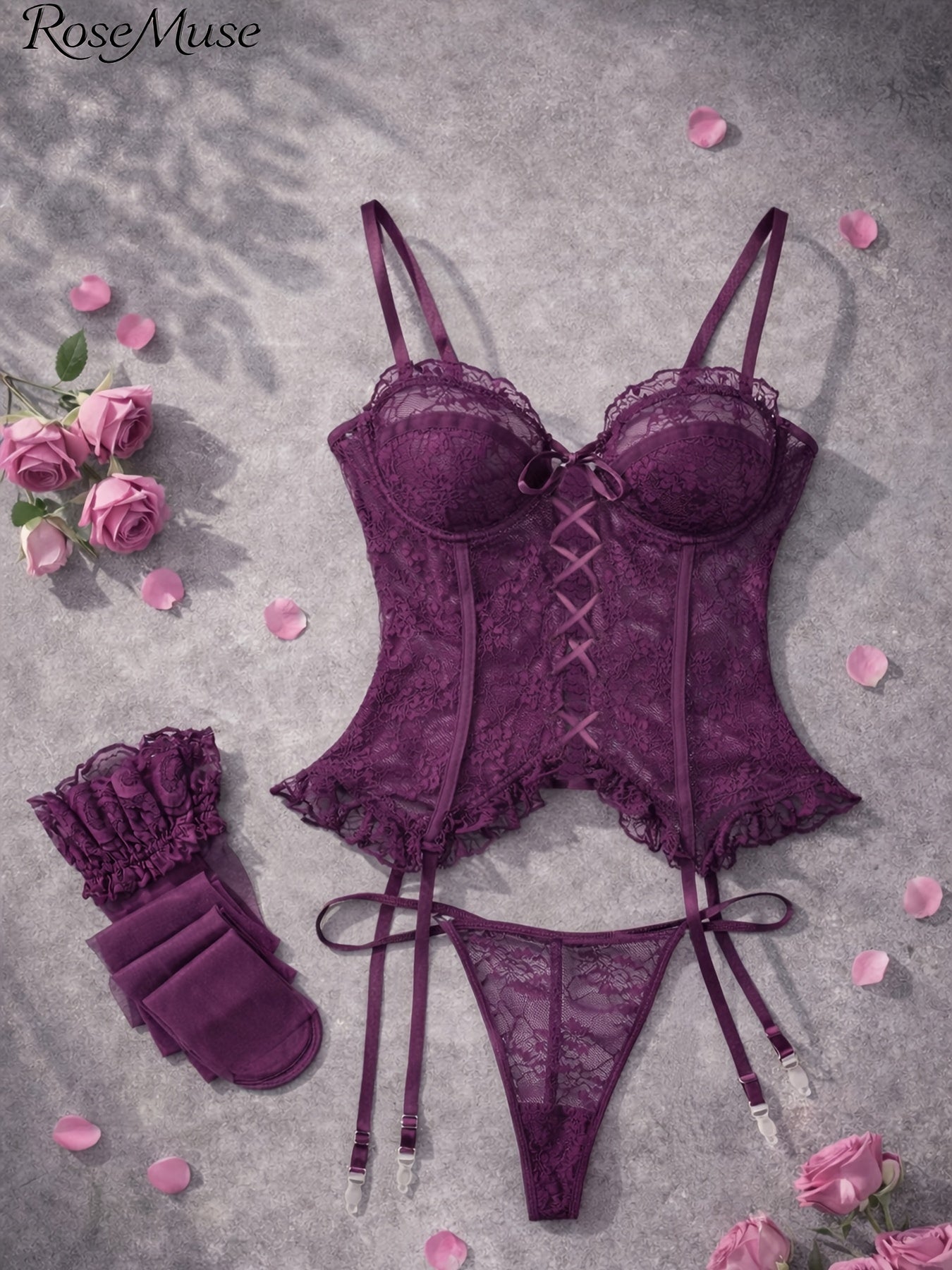 1Set/4pcs Women's Sexy Lingerie Set Floral Lace Garter Bustier Lingerie Set with 1Pair Stocking, Women's Lace Stockings Lingerie Bodysuits Nightwear for Romantic Date Wearing