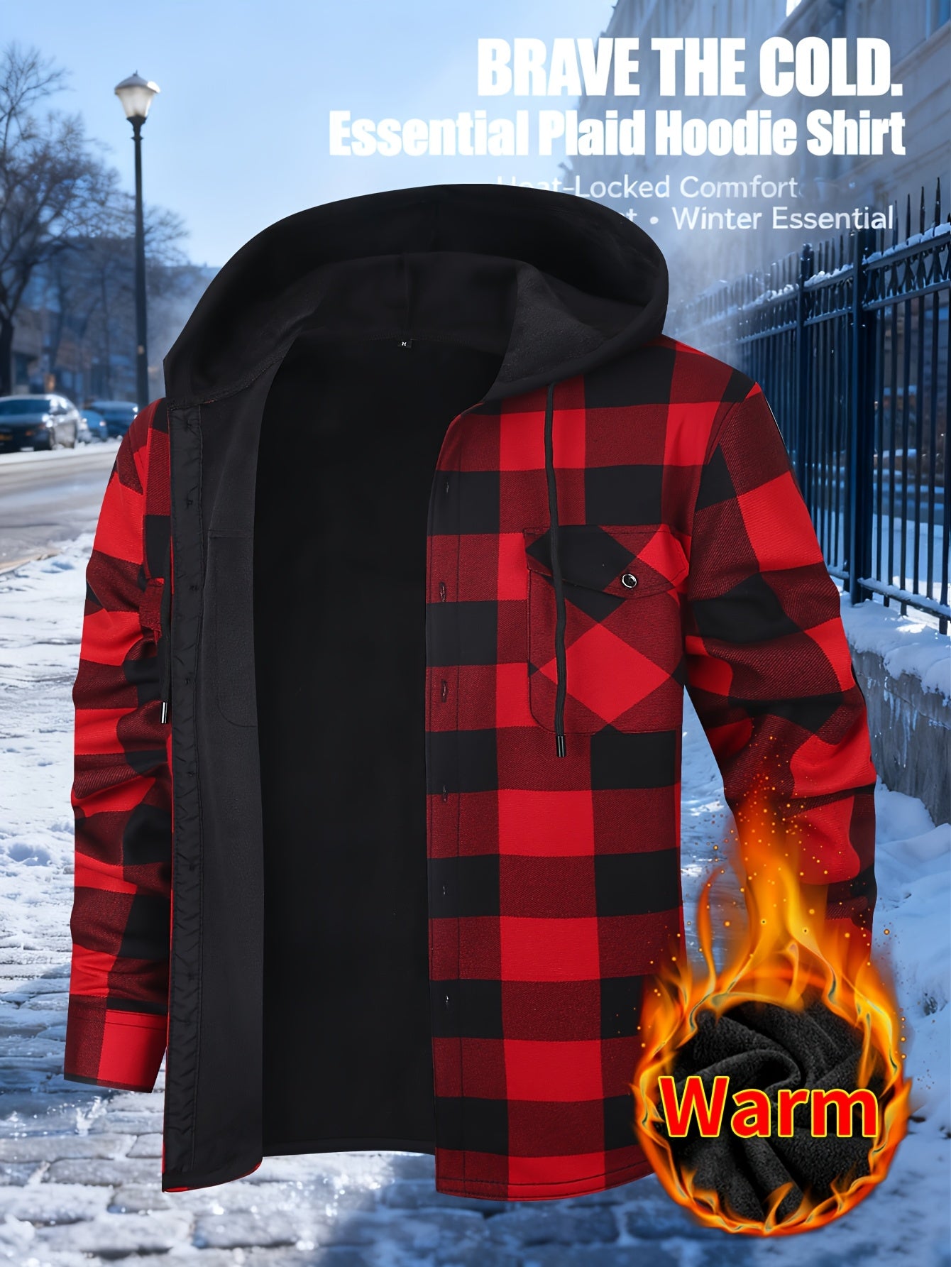 Men'S Plaid Hooded Shacket with Fleece Lining for The Fall And Winter Months | Comfortable Long-Sleeve Shirt Jacket Featuring Front Pockets | Ideal for Street Style And Outdoor Commuting | Fashionable Thick Lining for Cold Weather