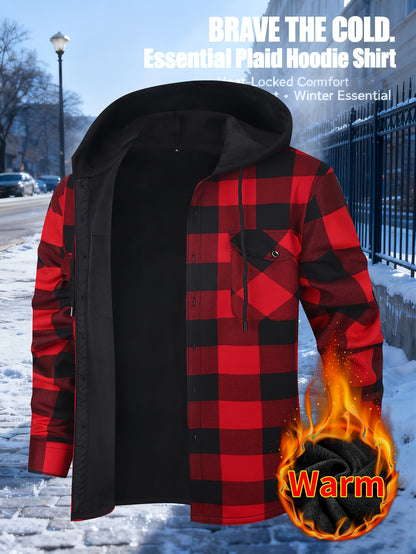 Men'S Plaid Hooded Shacket with Fleece Lining for The Fall And Winter Months | Comfortable Long-Sleeve Shirt Jacket Featuring Front Pockets | Ideal for Street Style And Outdoor Commuting | Fashionable Thick Lining for Cold Weather