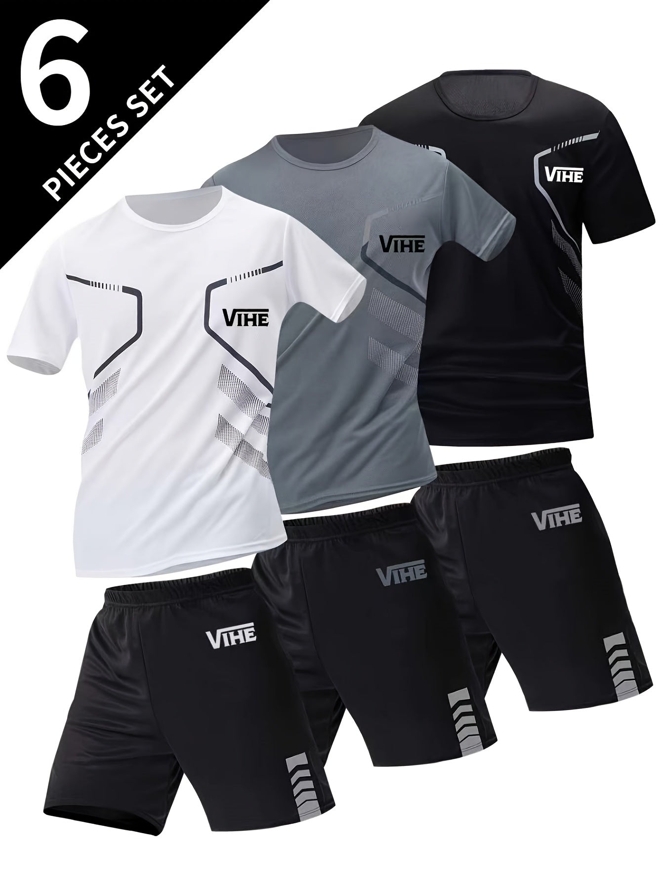 Men'S 6pcs Geometric Pattern T-shirt & Shorts Set, Breathable Quick-Dry Athletic Tracksuit for Men, Ideal for Gym, Running, Workout & Daily Casual Wear