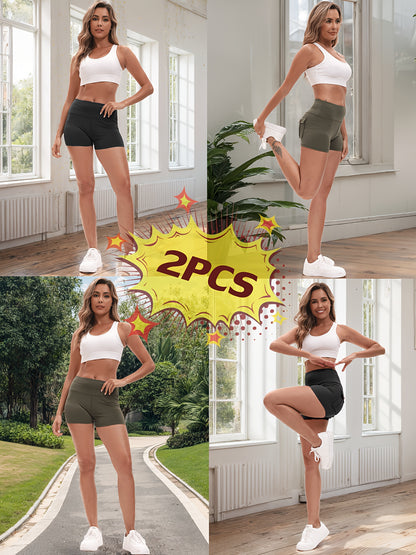 2pcs High Stretch Elastic Waist Cargo Shorts - Women's Shaping, Hip Lifting, Quick-Drying Fitness Pants with 2 Pockets, Solid Color Short Pants Set, Track Shorts Set