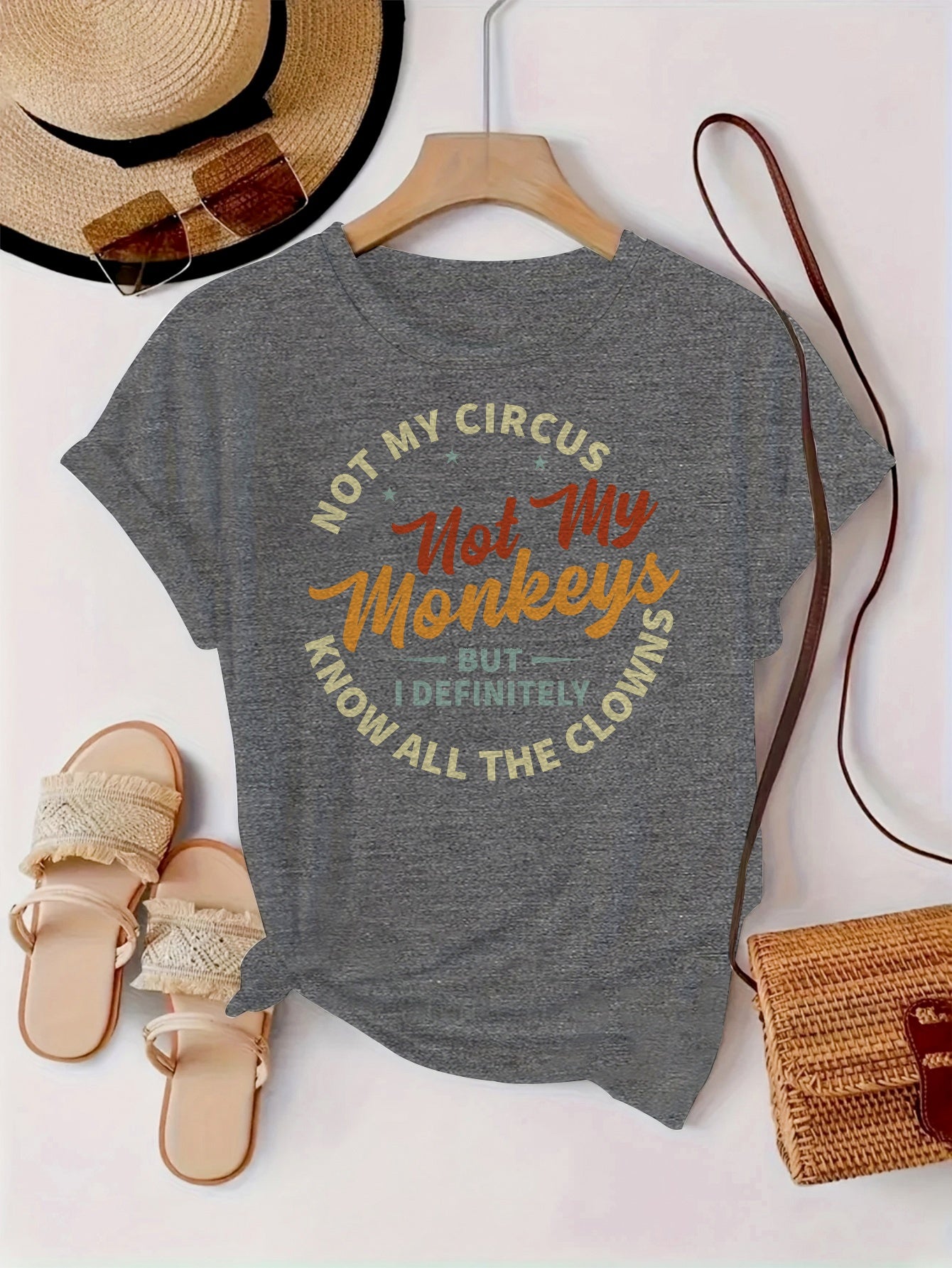 Women'S "Not My Circus, Not My Monkeys" Graphic T-Shirt - Soft, Light Beige-Friendly, Casual & Sporty Round Neck Short Sleeve Top, Versatile All-Season Tee with Bold Orange Lettering, Ladies T Shirts