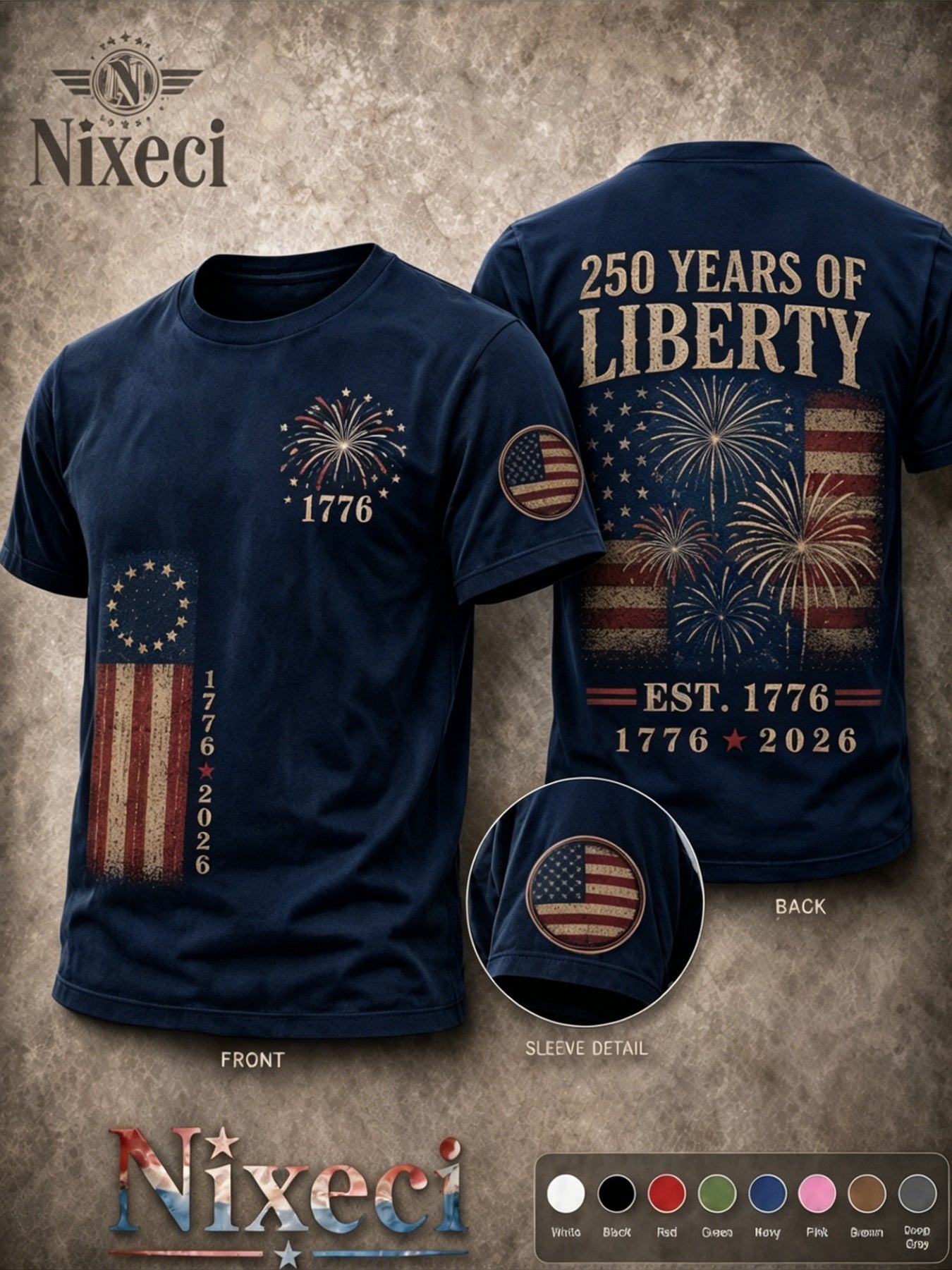 Nixeci Pure T-Shirt Men'S 180G Summer Crewneck Short Sleeve, Patriotic Vintage American Flag Fireworks Double-Sided Multi Print, 4Th of July Independence Day 250 Years of Liberty Casual Loose Fit Tee