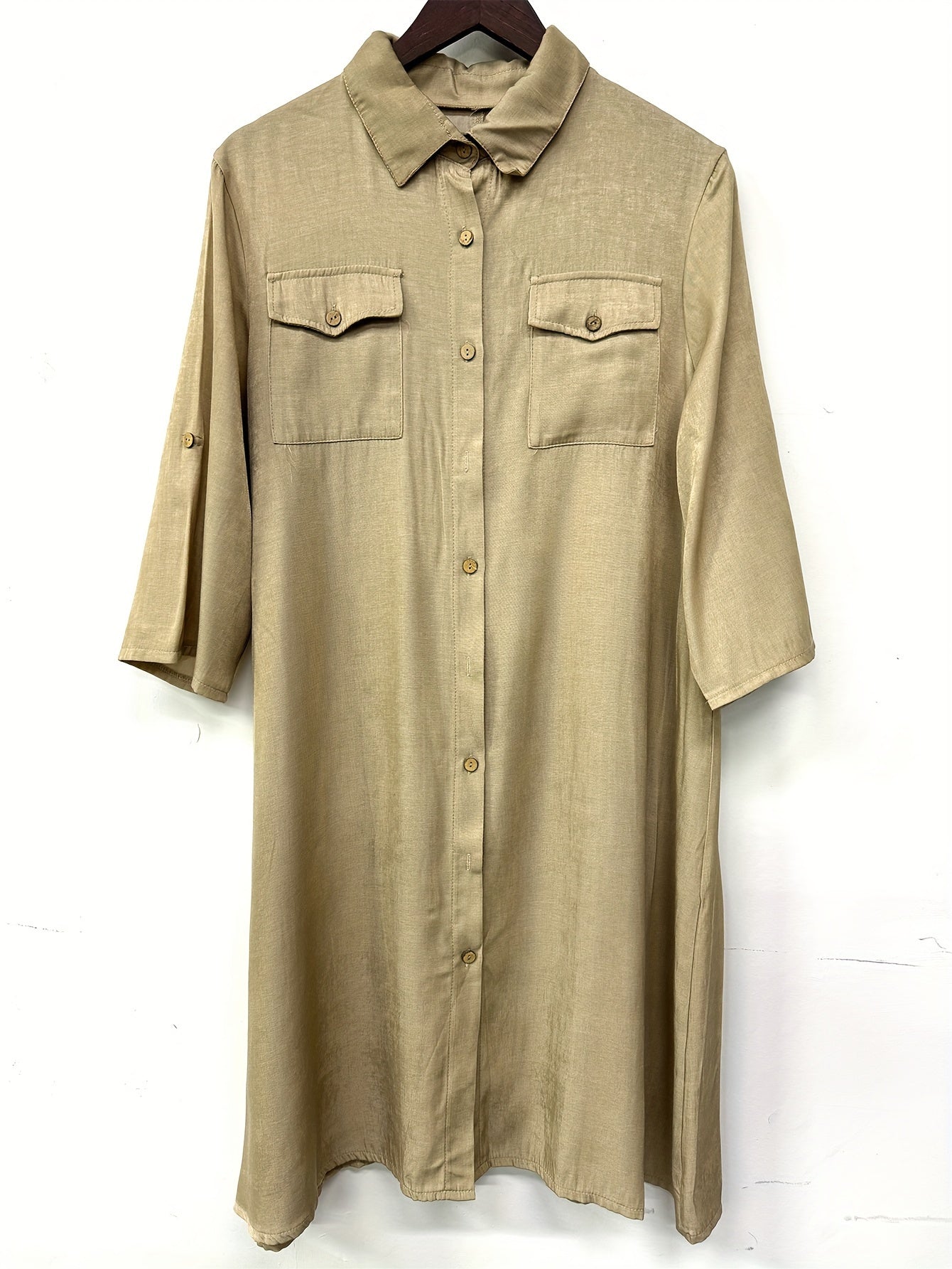 Women's Short Sleeve Shirt Collar Solid Color Buttons Midi Dress