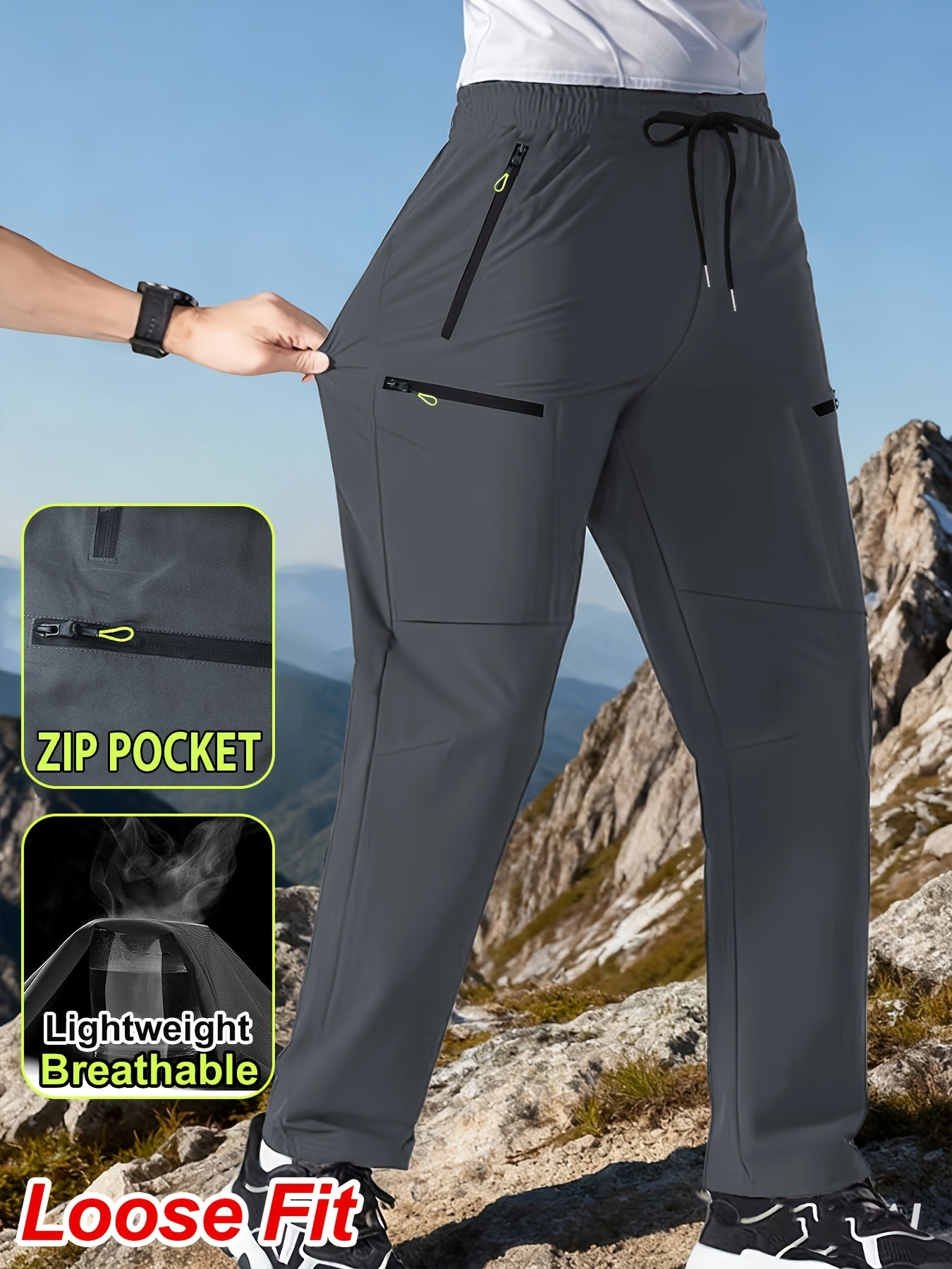 Men's Outdoor Hiking Workwear Straight-Leg Pants Features Zippered Pockets, Breathable Lightweight Design Adjustable Drawstring Waistband Ideal for Outdoor Activities and Everyday Casual Wear, Comfortable Fit