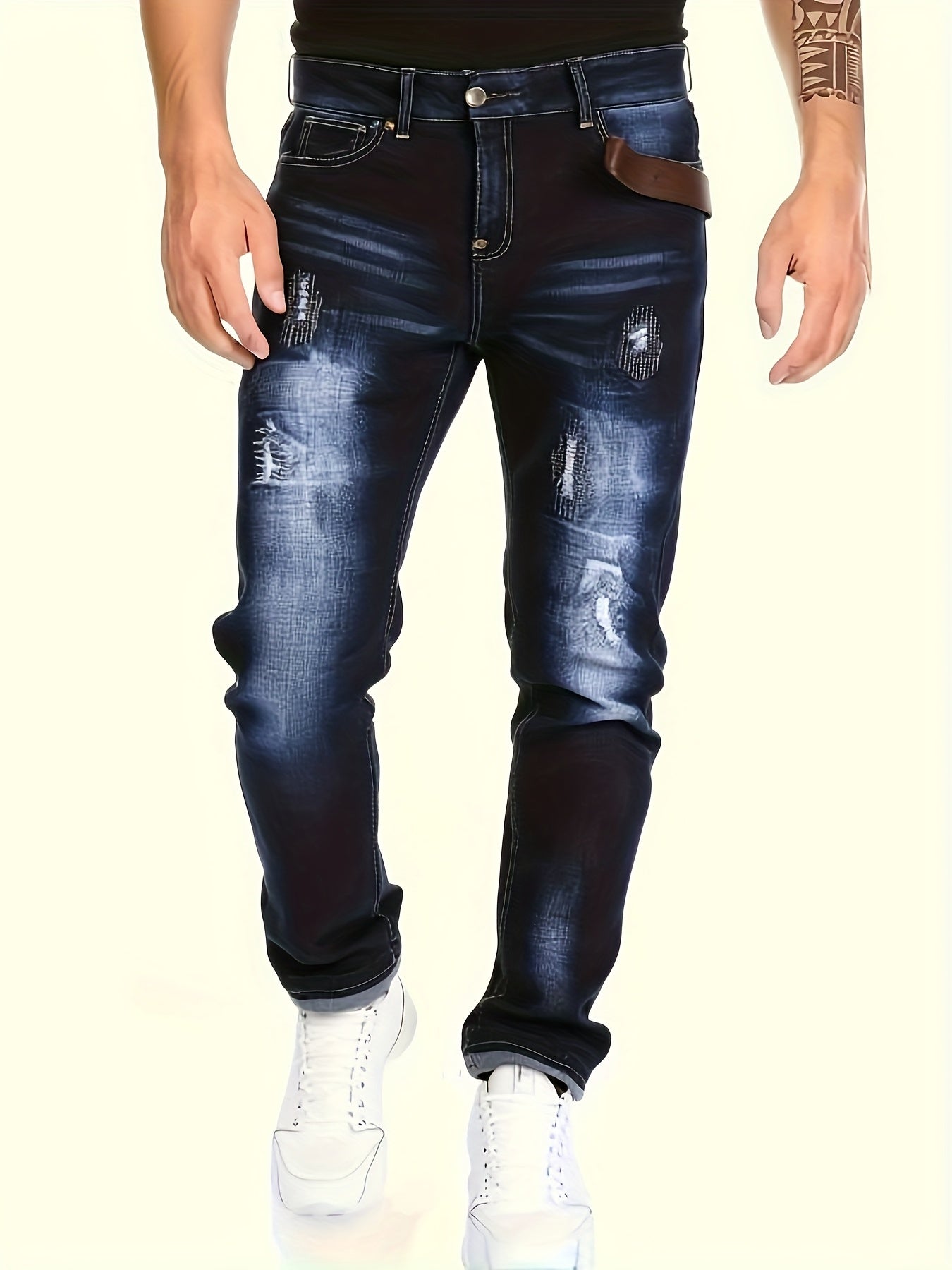 [HME] Autumn New Men'S Jeans, Mid-Waist Stretch Slim Straight Leg, Retro Trendy Brand Perforated Design, Heavy Washed Blue Natural Whitening Effect, Classic Five-Pocket Style, YKK Zipper, Essential Denim Long Pants for Men'S Fashionable Outfits
