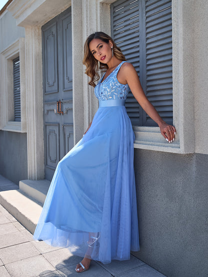 Women'S Dress Embroidery Design V-Neck Sleeveless Long Dress Wedding Dresses for Women for Engagement Wedding Evening Party Dancing Performance Date Daily Valentine'S Day New Year Various Occasions Mesh Long Dress