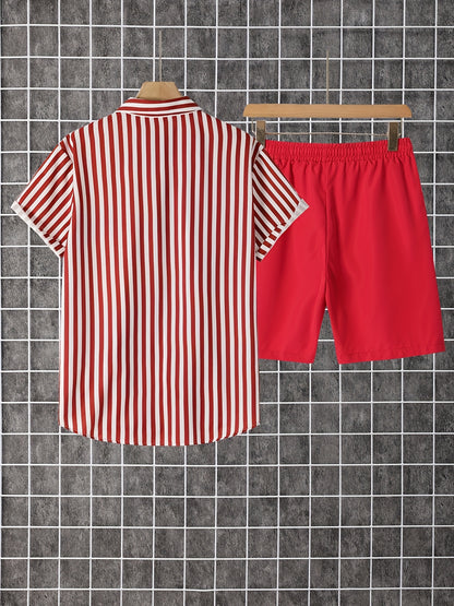 2pcs Men'S Casual Summer Outfit Set, Striped Short Sleeve Button Up Lapel Shirt Top & Solid Drawstring Shorts With Pockets For Casual Daily Wear And Holiday Resorts