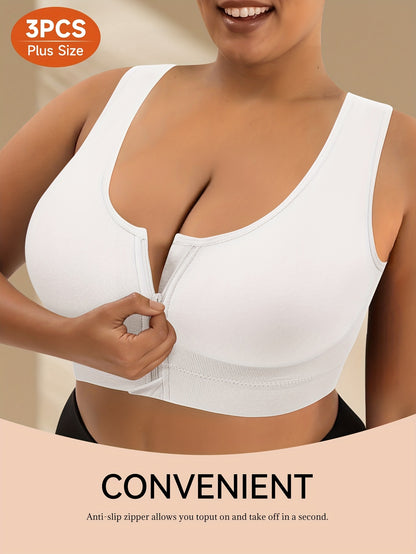 Set of 3 Women'S Plus-Size Bras Featuring a Front Zipper Closure - Designed for High Support, Non-Slip Fit, And Removable Padding. Available in White, These Bras Offer a Comfortable Fit And Sleek Design Suitable for Both Everyday And Formal Occasion