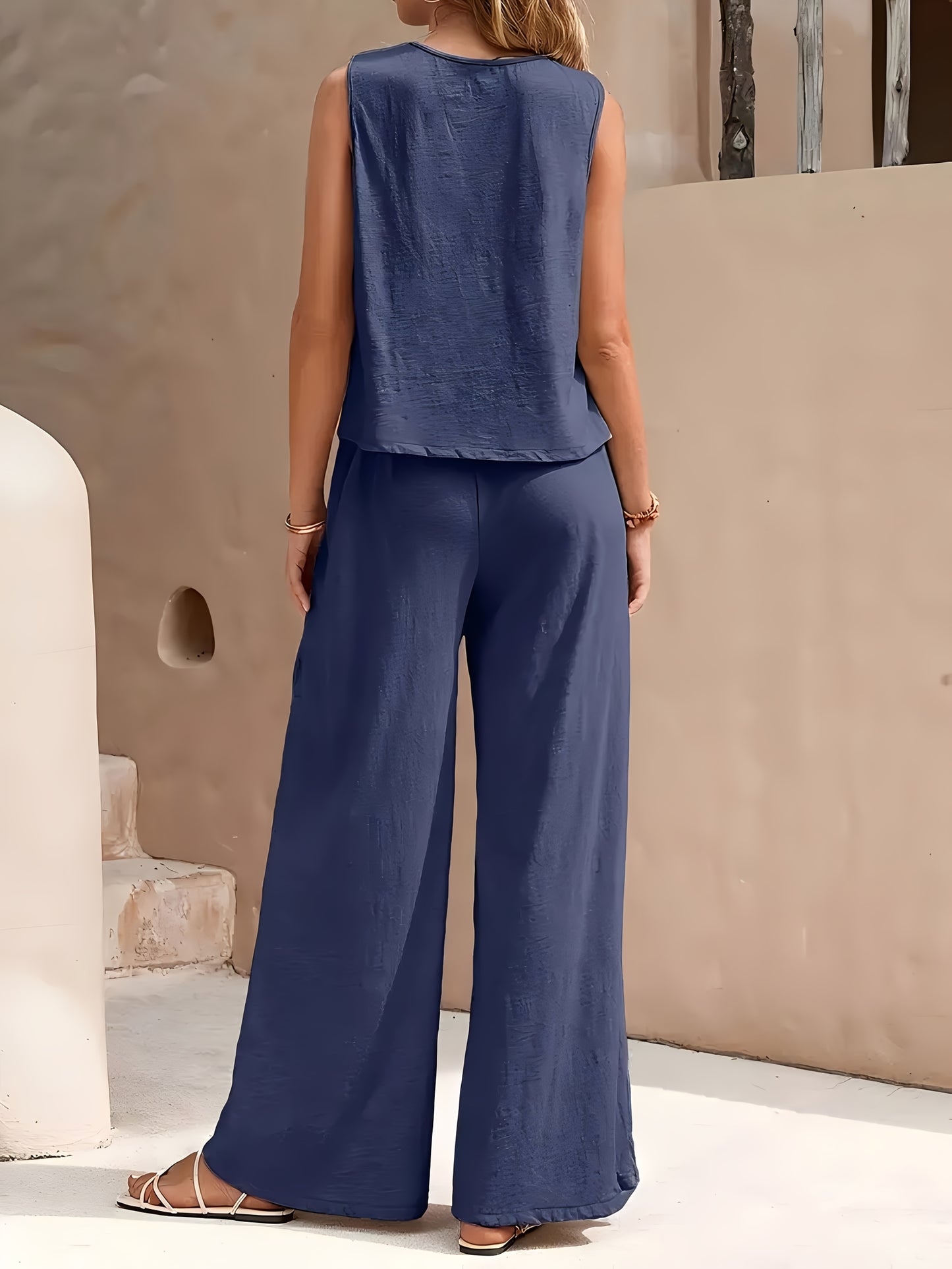 Lady'S Fashionable Red Sleeveless Top And Wide-leg Pants Set - Fiber, Solid Color, Suitable For Spring And Summer Casual Wear
