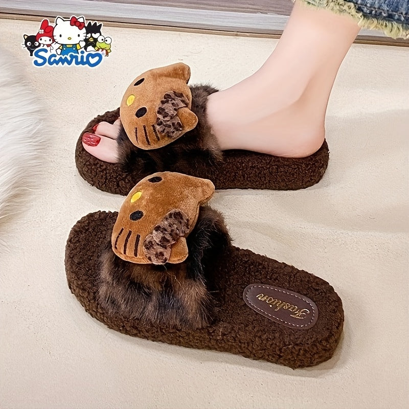 [Authorized] Sanrio Hello Kitty Plush Slippers - Cute Clothing Shoes with Hello Kitty Face & Leopard Print, Non-Slip PVC Sole, Soft Microfiber for - /Bedroom Wear ( &) - Slip, Women Shoes