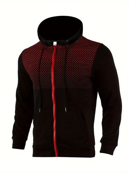 Men's Polka Dot Printed Hooded Jacket, Hooded Jacket with Zippers and Pockets, Men's Winter and Autumn Casual and Sporty Fashion