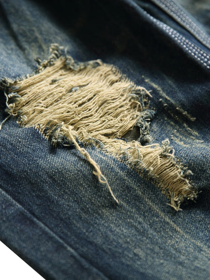 Men'S Dark Blue Ripped Jeans Without Elastic Slim Casual