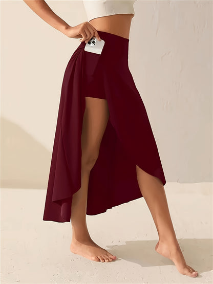 2026 Plus Size High Waist Skort with Pockets - Stretchy Side Slit, Lightweight Long Culottes for Women | Summer Vacation Beachwear, Summer Skirt (Black/Burgundy) Game Day Outfit, Football Fan Gear for All Fans
