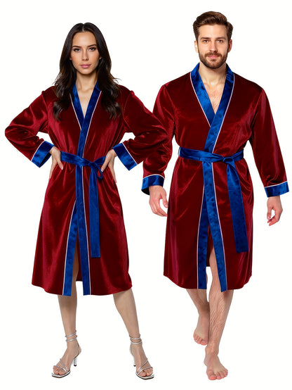 Men'S Robe - Comfortable Long Sleeve Velvet Bathrobe | Unisex Couple'S Robe with Belt, Color-Block Trim, V-Neck, Slight Stretch Fabric, Perfect for Everyday Home Relaxation