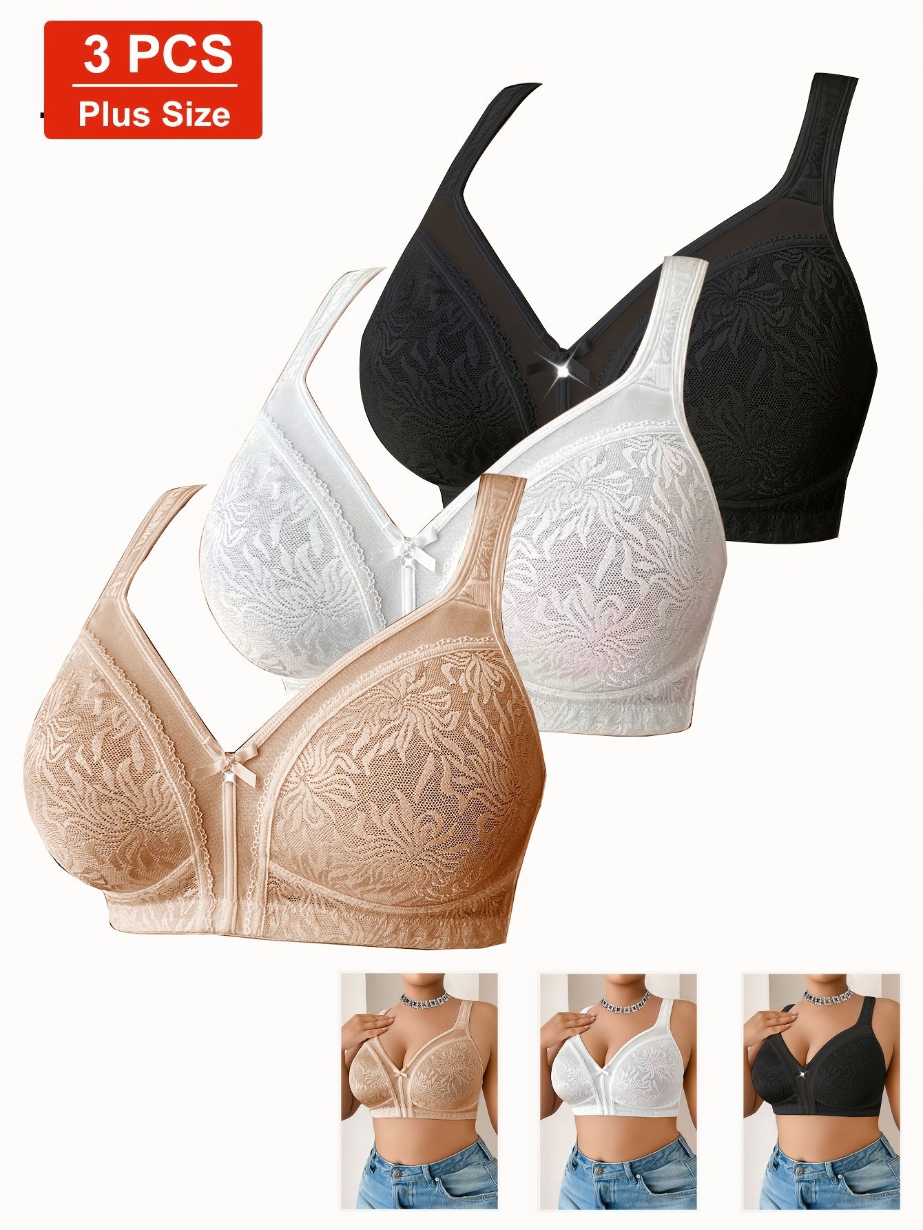 3pcs Plus Size Women's Lace Splice Bra, All-Season Jacquard Pattern, Wedding Beach Wire-Free High-Quality Casual Comfortable Top with Beautiful Back Design, Thin Y Style