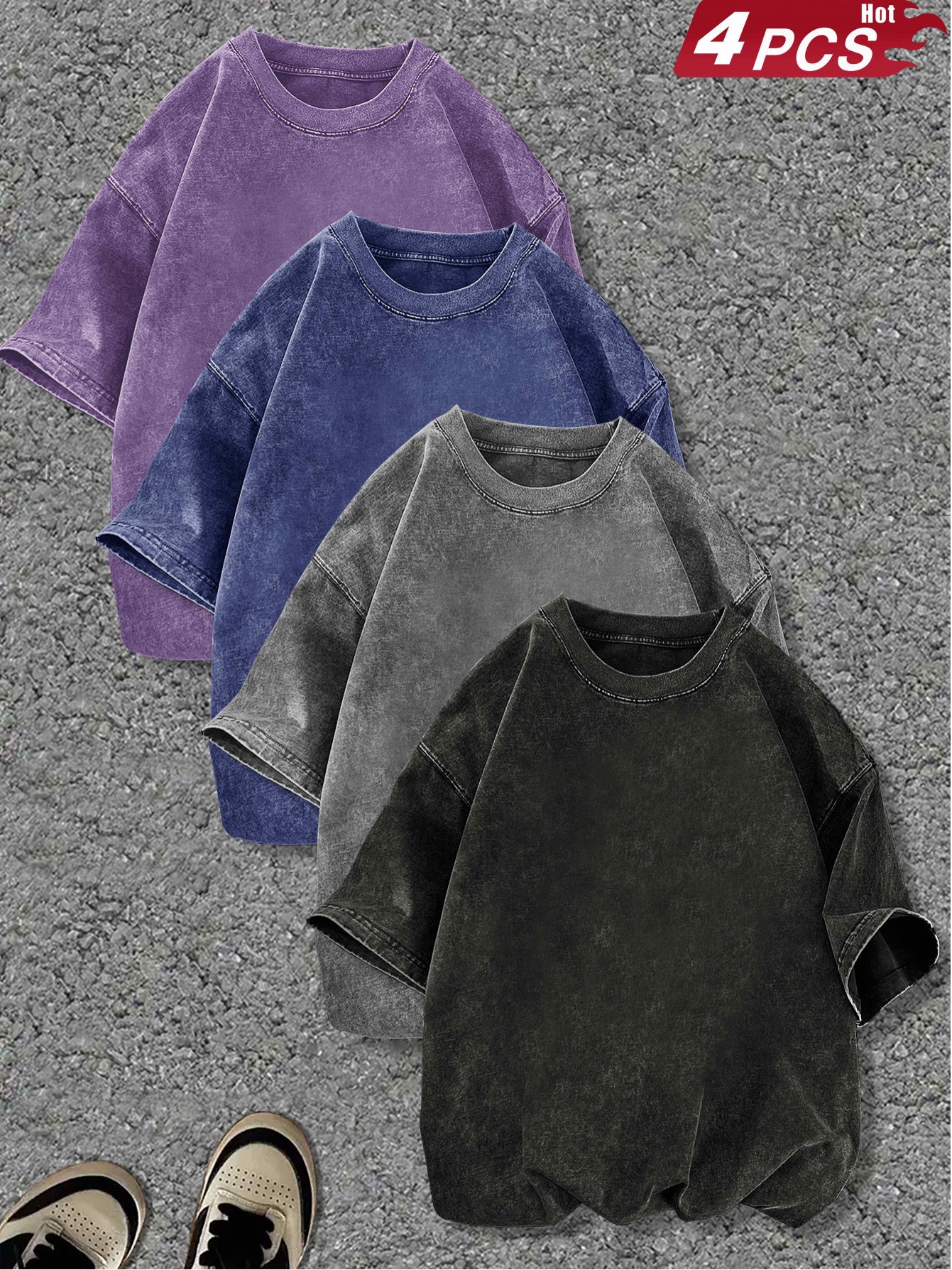 4pcs Women's Heavyweight Vintage Washed Cotton T-Shirts- Loose Drop Shoulder Round Neck Style, Purple/Black/Pink/Blue, Soft Everyday S