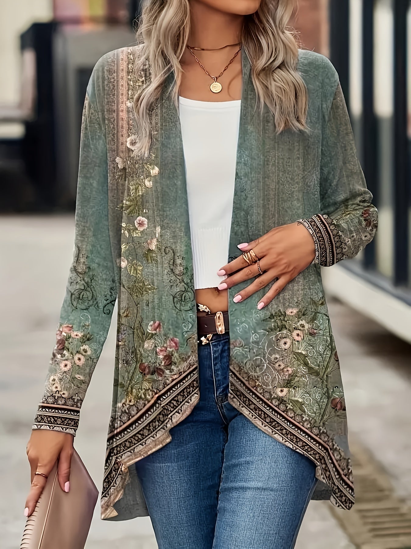 Spring And Autumn New Women Tops Floral Print Cardigan Casual Long-sleeved Thin Coat