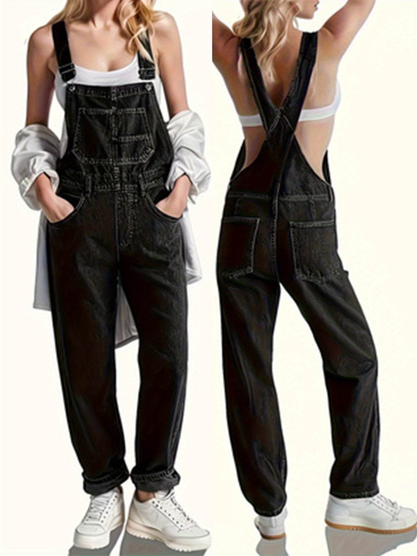 Solid Color Slant Pocket Coverall Jumpsuit, Casual Adjustable Strap Sleeveless Cross Back Coverall Jumpsuit, Suitable for Spring And Summer, Women'S Fashion