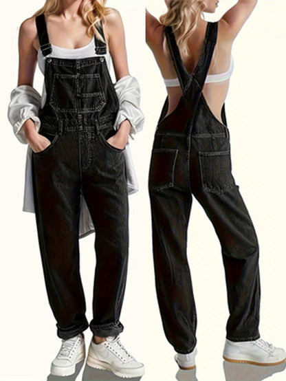 Solid Color Slant Pocket Coverall Jumpsuit, Casual Adjustable Strap Sleeveless Cross Back Coverall Jumpsuit, Suitable for Spring And Summer, Women'S Fashion