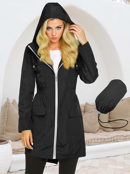 Women'S Lightweight Hooded Rain Jacket - Casual Outdoor Jacket with Drawstring Hood, Zippered Pockets & Solid Color Design for Spring/Fall, Raincoat for Women