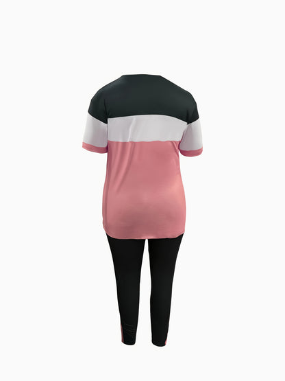 Women's Casual Two-Piece Outfit "BLESSED" Letter Print Color-Block T-Shirt And Pocket Pants Set