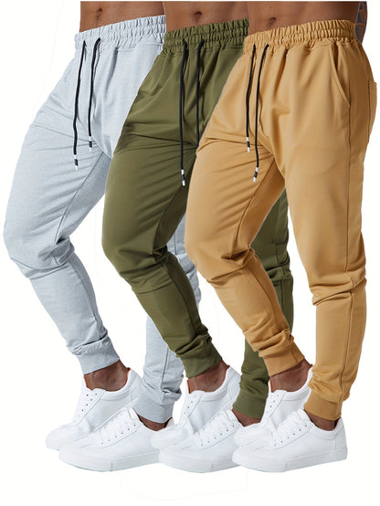 3pcs Men's Jogger Sweatpants - Ultra-Elastic Gym Pants with Deep Side Pockets, Mid-Rise Athletic Workout Bottoms, Solid Color Casual & Training Wear, Machine Washable (Regular Fit) - Bulk Pack for Running, Gym, Everyday Use - Easy Care &