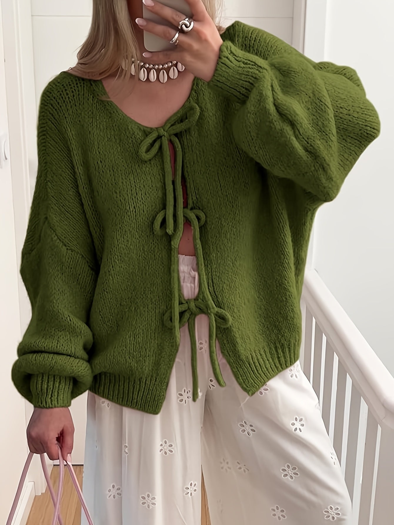 Women'S Oversized Bowtie Sweater Cardigan with Y2K Vibe Long Sleeves V Neck Open Front Casual Wear