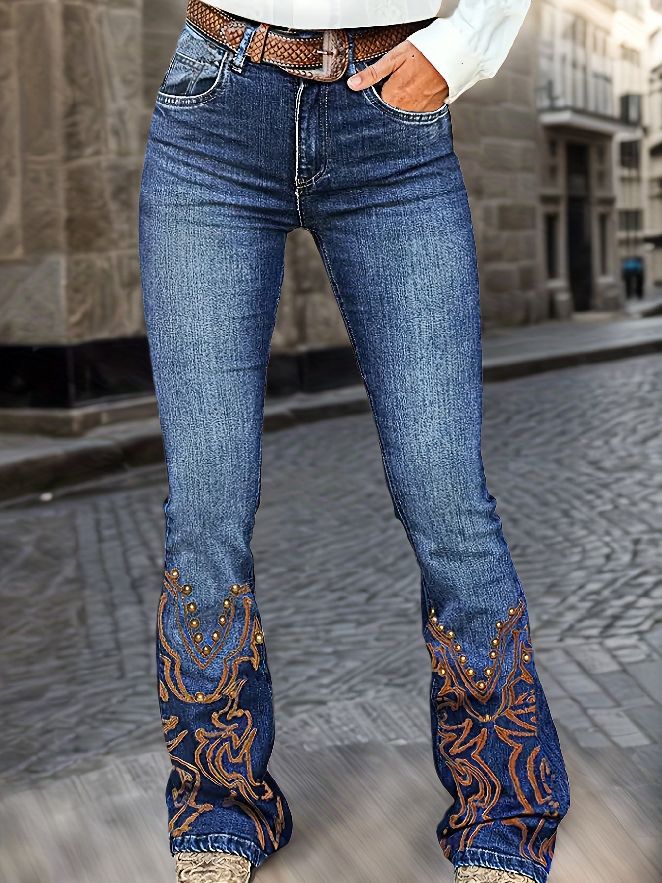 Women's Dark Blue Denim Printed Jeans - product view 1