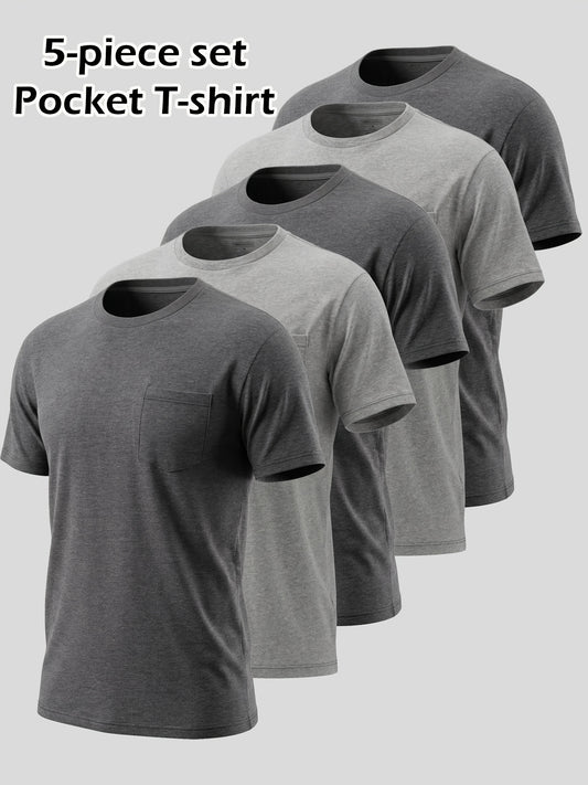 5pcs Men' & Unisex 100% Cotton Pocket T-Shirts - Short Sleeve Crew Neck Loose Fit Solid Color Basic Tees Suitable for Daily Wear, Vacation, & Outdoor Activities, Machine Washable Pocketed Shirts for - Casual Wear