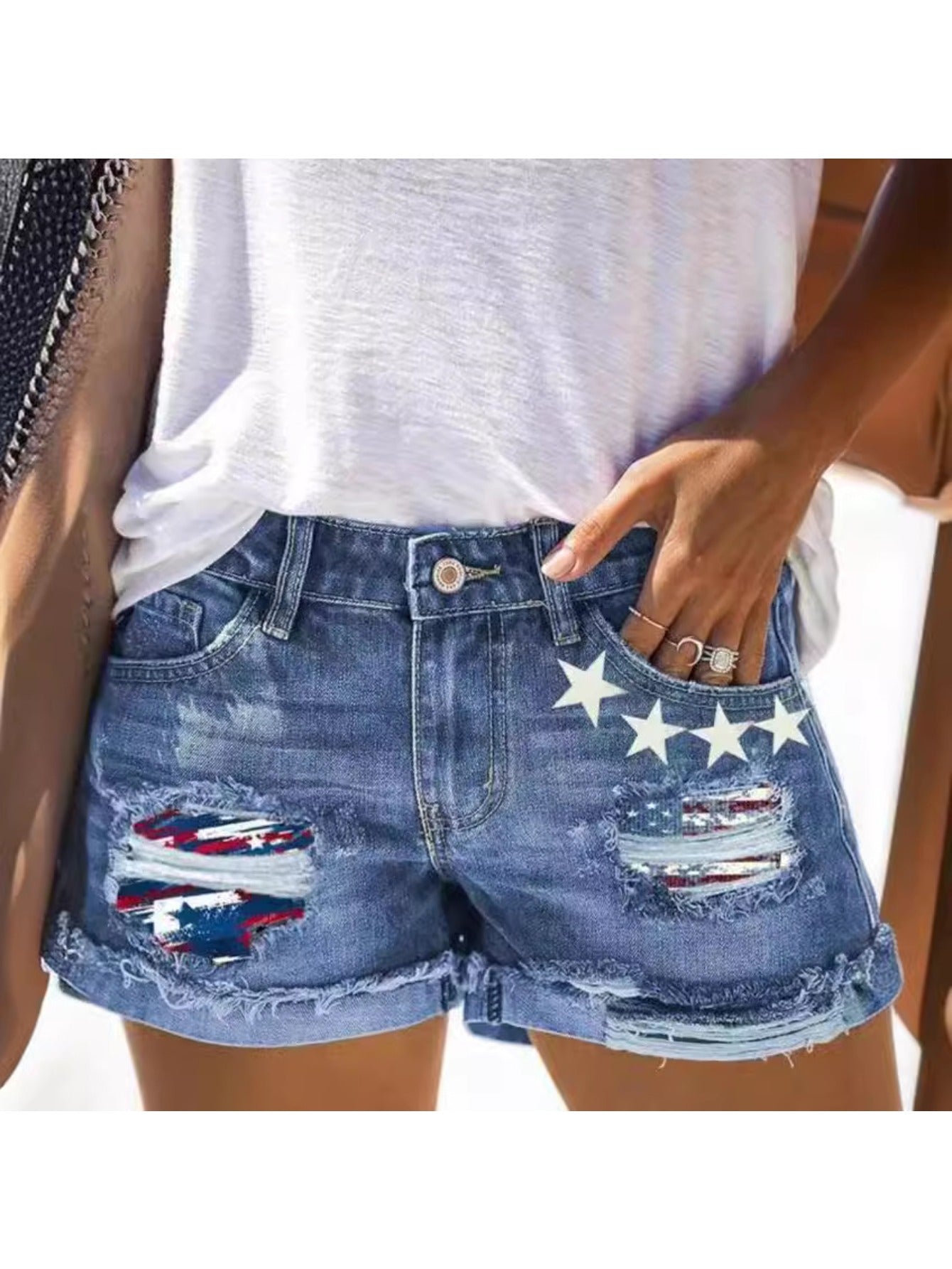 Women's Blue Denim Printed High-Waist Denim Shorts - product view 2