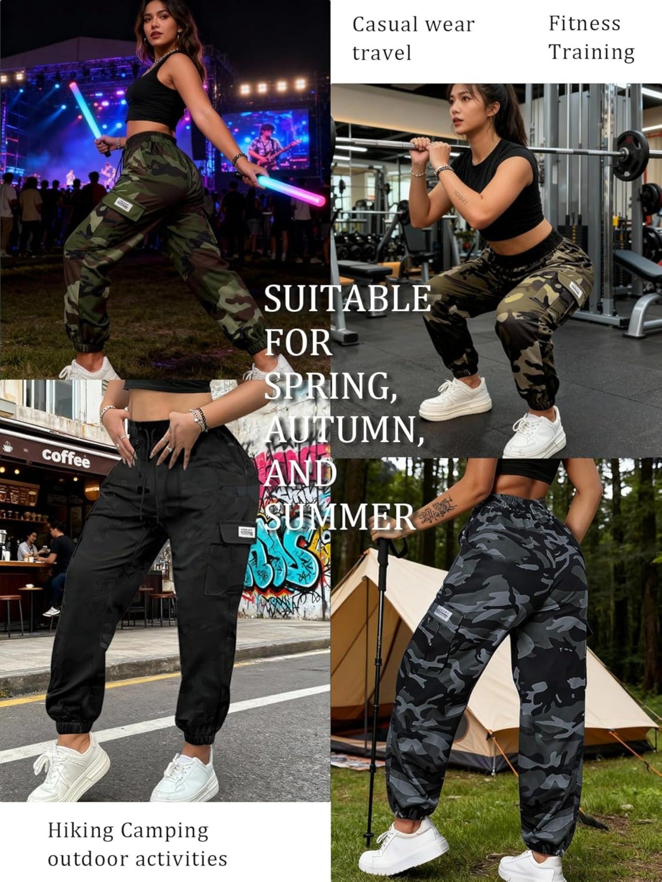 Women'S Lightweight Quick-Dry Camo Cargo Pants - Tapered Leg Elastic Drawstring Waistband Breathable Tactical Pants