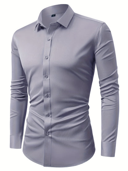 Men'S Long-Sleeve Formal Shirt with a Four-Sided Stretch, Wrinkle-Free Design, Suitable for Business Casual Wear, Ideal for White-Collar Work Environments