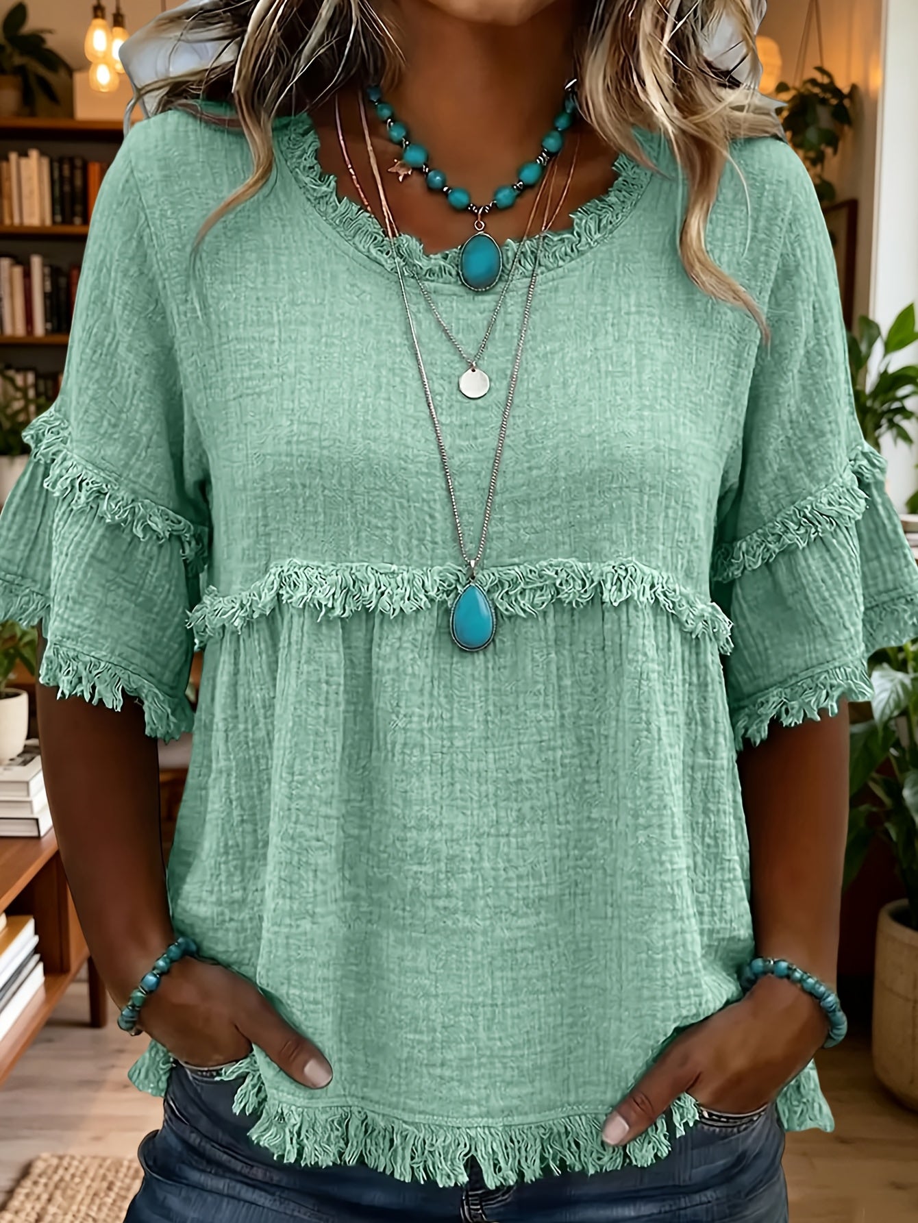 Women'S Round Neck Short Sleeve Casual Blouse with Fringed Trim