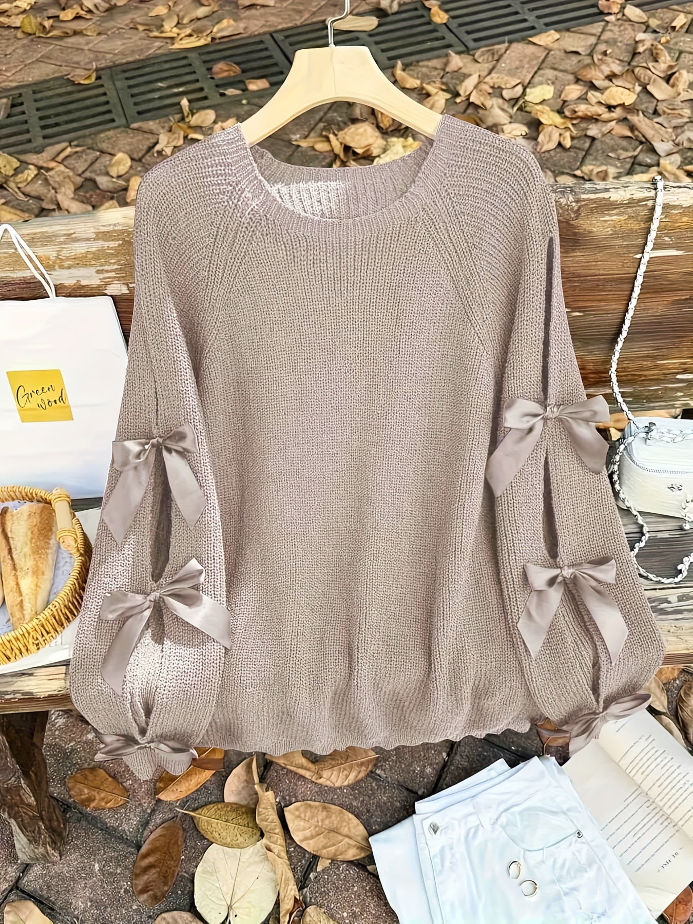 Plus Size, Plus-size  Sweet Style, Round Neck Balloon Sleeve Bow Sweater, Autumn and Winter Atmosphere Items