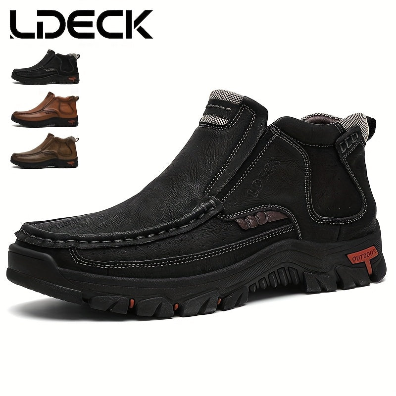 [Hand-Stitched] LDECK Slip-On Casual Shoes for Men - Durable Genuine Leather Work Boots, Men's Mountaineering Boots