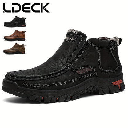 [Hand-Stitched] LDECK Slip-On Casual Shoes for Men - Durable Genuine Leather Work Boots, Men's Mountaineering Boots