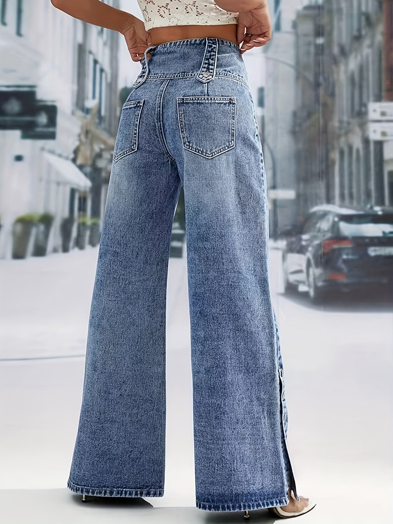 Women'S Light Blue Denim with a High Waist And Snowflake Pattern, Featuring a Buckle Design, Snap Boot Pant Legs, And a Straight, Loose Wide-Leg Cut. This Stylish Casual Outfit Is Perfect for Weekdays And Weekend Shopping, Machine Washable