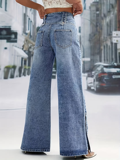 Women'S Light Blue Denim with a High Waist And Snowflake Pattern, Featuring a Buckle Design, Snap Boot Pant Legs, And a Straight, Loose Wide-Leg Cut. This Stylish Casual Outfit Is Perfect for Weekdays And Weekend Shopping, Machine Washable