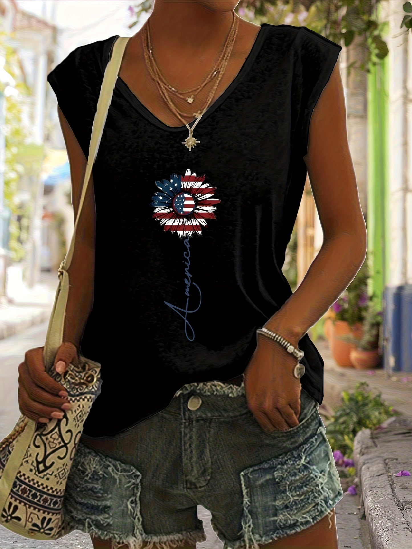 Women'S Casual V-neck Vest with , Letters and Pattern Printing, Regular Version, Spring and Summer Fabric, Women'S Printed Vest with Letters and Patterns